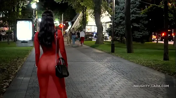 XXX Naughty Lada wears see-trough dress in the street mega Movies