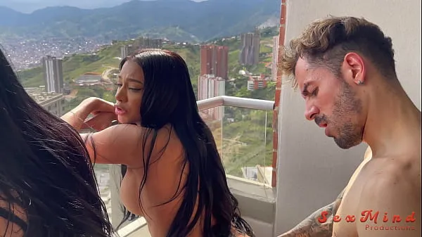 XXX Yenifer Chacon and a delicious Venezuelan brunette girl with big tits having hardcore sex with their coach on a balcony mega Movies