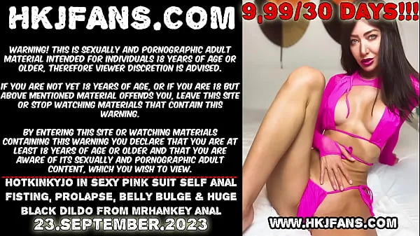 XXX Hotkinkyjo in sexy pink suit self anal fisting, prolapse, belly bulge & huge black dildo from mrhankey anal megafilmy